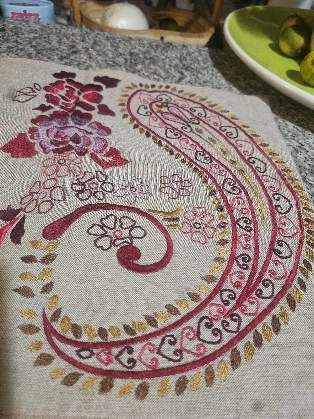 Embroidered Paisley Table Runner - Beige with Burgundy Accents